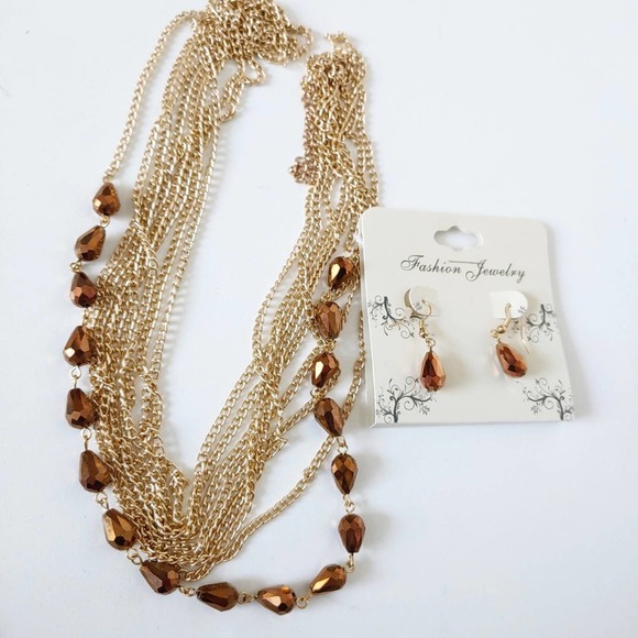 Multi Strand Fashion Gold Bronze Necklace + Earrings Set - Picture 3 of 5